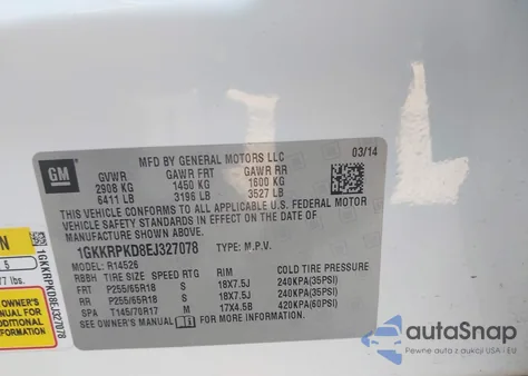 2014 GMC Acadia Sle-2 из США, поврежденный, VIN 1GKKRPKD8EJ327078